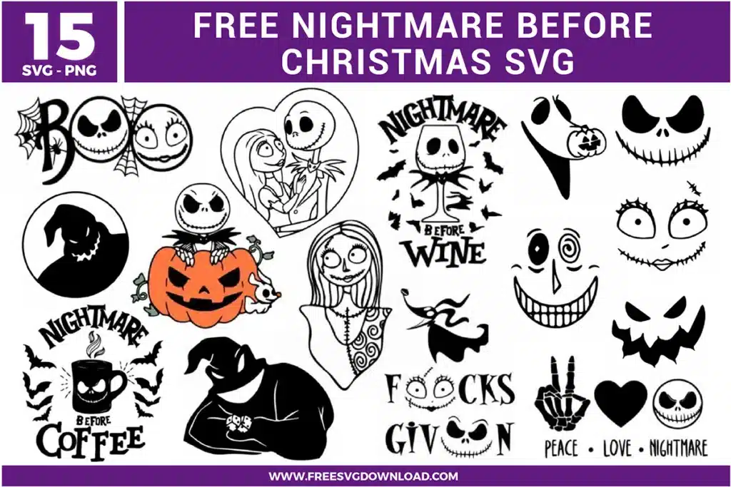 Free Nightmare Before Christmas SVG designs showing Jack Skellington and Sally characters, spooky faces, pumpkins, bats, gothic phrases, and Halloween and Christmas themed illustrations