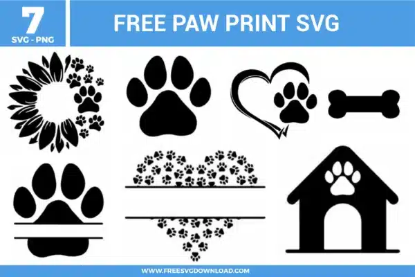 A bundle of 7 free svg files for pet lover designs featuring various paw print motifs in a black and white vector style. The collection includes a sunflower wreath with paw petals, a classic bold paw print, a heart outline combined with a paw, a dog bone silhouette, a split monogram paw for custom names, a large heart made of tiny paw prints, and a dog house icon with a paw accent. These high-quality free svg files are designed with clean lines and solid fills, perfect for animal-themed crafts and personalized pet gear.