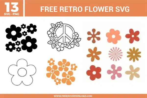 Retro flower SVG bundle featuring 60s and 70s style floral shapes, daisy designs, peace sign with flowers, and colorful vintage flower elements for crafting projects