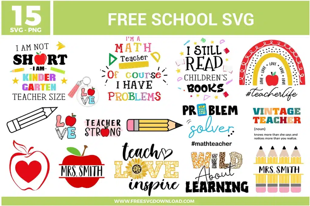 A massive bundle of 15 free svg files for teachers and students. This collection features various colorful designs including "I Still Read Children’s Books" quotes, rainbow teacher life graphics, split monogram apples for names, and math teacher jokes in red, yellow, green, and pink.