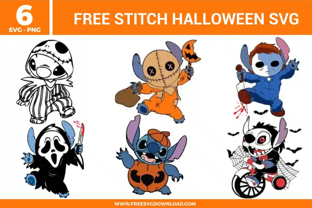 Free Stitch Halloween SVG designs showing Stitch characters in spooky costumes including pumpkin outfits, scarecrow styles, masked characters, and Halloween themed details