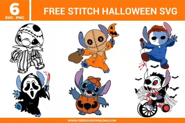 Free Stitch Halloween SVG designs showing Stitch characters in spooky costumes including pumpkin outfits, scarecrow styles, masked characters, and Halloween themed details