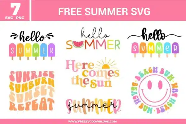 Retro Hello Summer SVG bundle featuring sun and smiley face graphics, provided as free svg files for vibrant seasonal apparel.