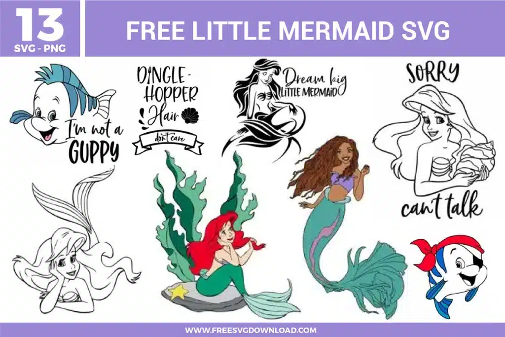 Free Little Mermaid SVG designs showing Ariel inspired mermaid illustrations, sea themed quotes, Flounder artwork, and elegant mermaid outlines.