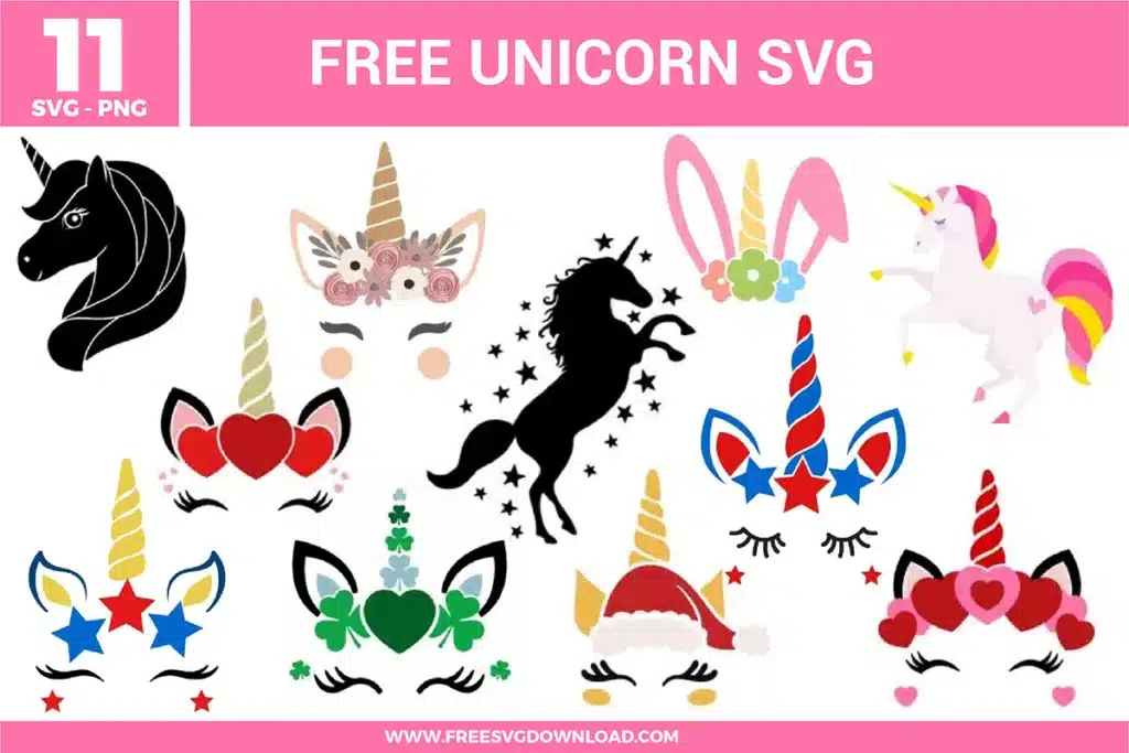 A bundle of 11 free svg files for unicorn designs featuring seasonal and themed unicorn faces and silhouettes. The collection includes a black silhouette unicorn with stars, a full-body pastel unicorn, and various unicorn heads styled for Christmas with a Santa hat, St. Patrick’s Day with shamrocks, Valentine’s Day with hearts, and patriotic Fourth of July themes with stars and stripes. The designs use a wide color palette including pink, gold, red, blue, and green, featuring floral crowns and glittery horns for high-quality free svg files.