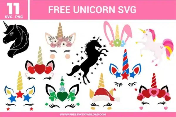 A bundle of 11 free svg files for unicorn designs featuring seasonal and themed unicorn faces and silhouettes. The collection includes a black silhouette unicorn with stars, a full-body pastel unicorn, and various unicorn heads styled for Christmas with a Santa hat, St. Patrick’s Day with shamrocks, Valentine’s Day with hearts, and patriotic Fourth of July themes with stars and stripes. The designs use a wide color palette including pink, gold, red, blue, and green, featuring floral crowns and glittery horns for high-quality free svg files.