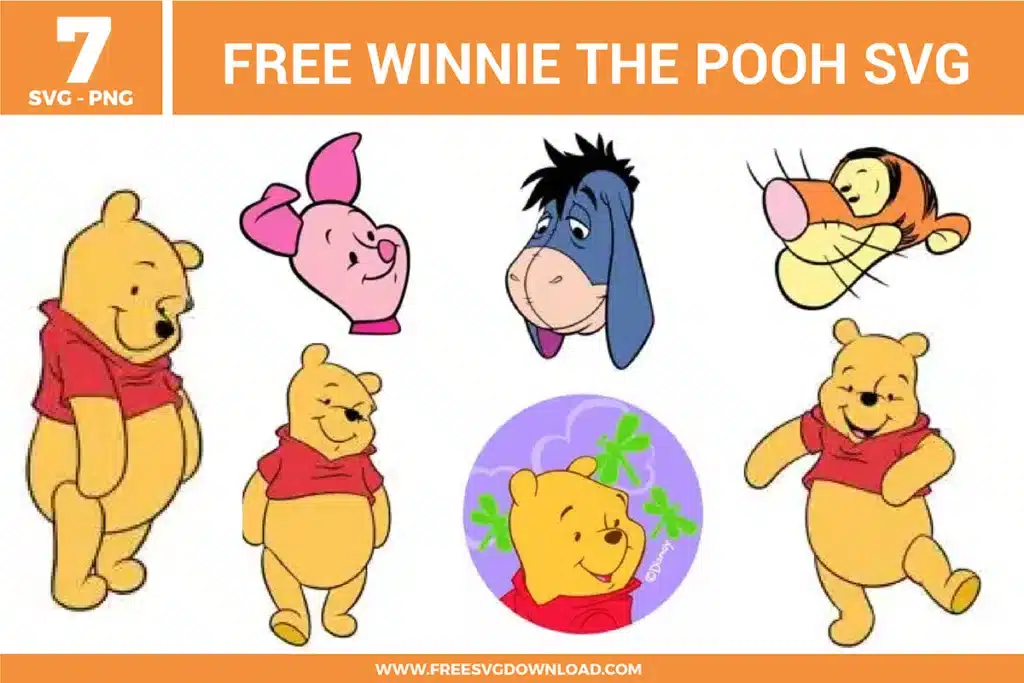 Free Winnie the Pooh SVG designs showing Pooh Piglet Eeyore and Tigger characters in classic poses with soft expressions and clean outlines