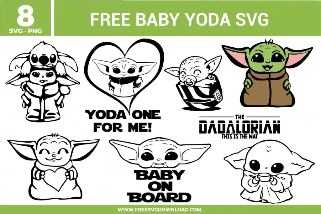 Free Baby Yoda SVG designs showing cute Baby Yoda character poses with heart graphics, funny phrases, baby on board text, and Mandalorian inspired elements