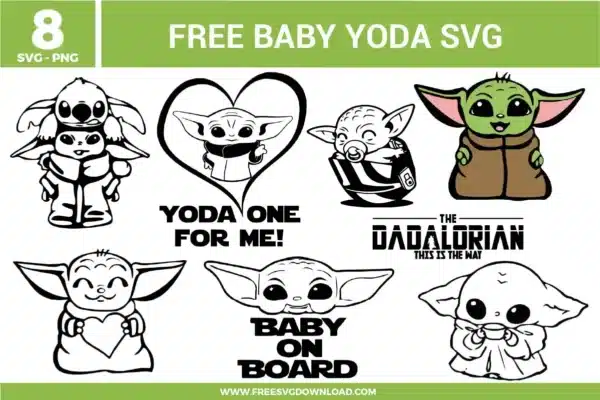 Free Baby Yoda SVG designs showing cute Baby Yoda character poses with heart graphics, funny phrases, baby on board text, and Mandalorian inspired elements
