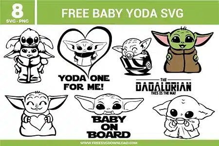 Free Baby Yoda SVG designs showing cute Baby Yoda character poses with heart graphics, funny phrases, baby on board text, and Mandalorian inspired elements