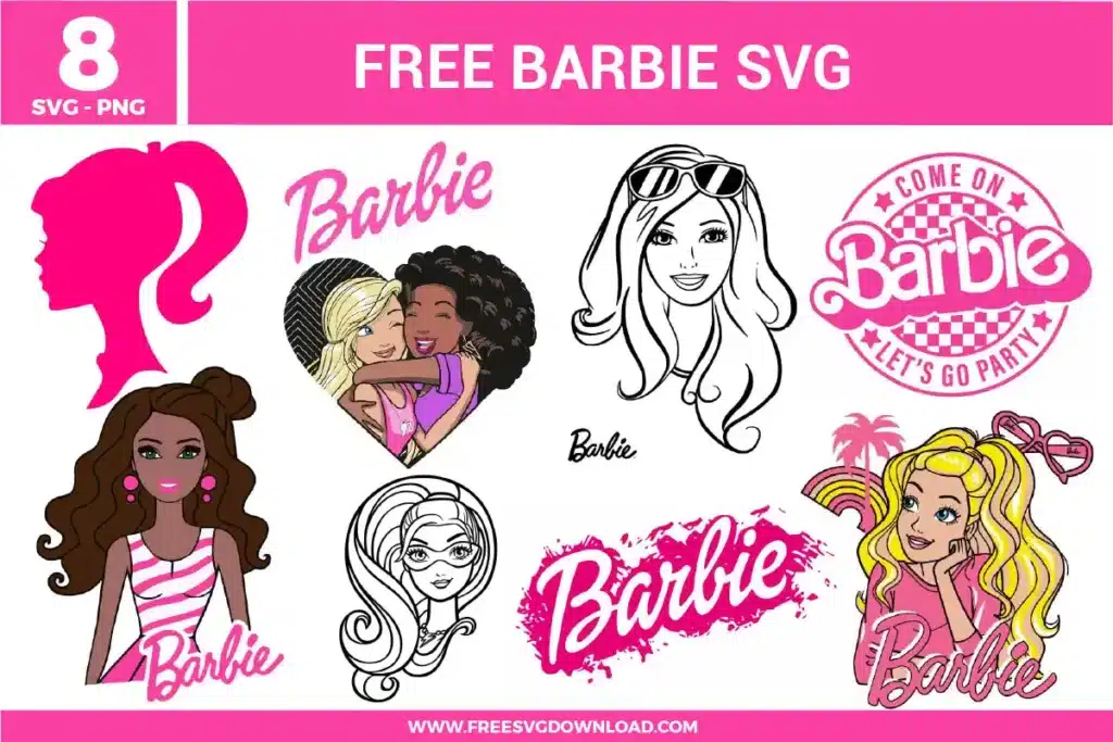 Barbie SVG bundle featuring iconic pink silhouettes, "Come On Let's Go Party" logos, and diverse character portraits available as free svg files for glam birthday decor and fashion crafts.