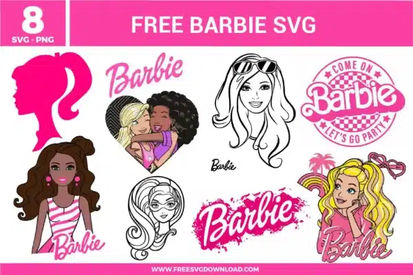 Barbie SVG bundle featuring iconic pink silhouettes, "Come On Let's Go Party" logos, and diverse character portraits available as free svg files for glam birthday decor and fashion crafts.
