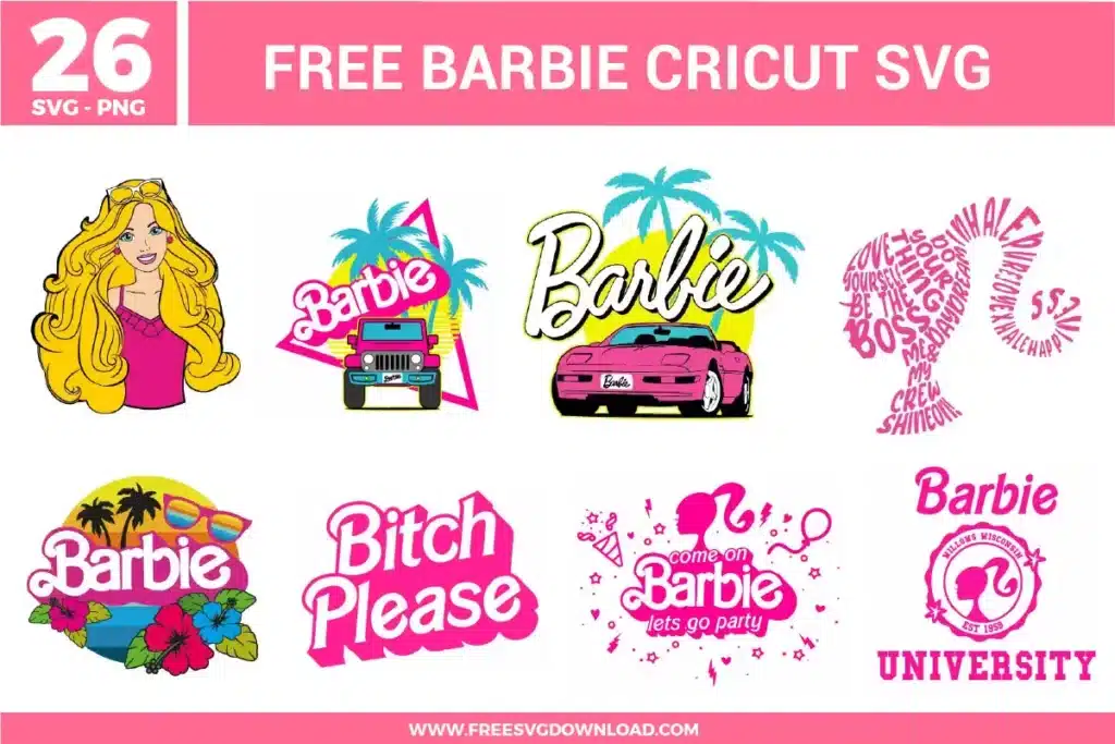 Barbie Cricut SVG bundle featuring Barbie themed quotes, Barbie silhouette logo, pink car graphics, palm tree beach designs, and fashion themed typography for crafting and cutting projects.