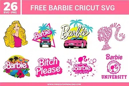 Barbie Cricut SVG bundle featuring Barbie themed quotes, Barbie silhouette logo, pink car graphics, palm tree beach designs, and fashion themed typography for crafting and cutting projects.