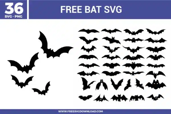36 black bat silhouettes in various flying poses and wing spans, perfect as free svg files for Halloween decor. The design features minimalist, sharp-edged vector shapes ranging from spooky realistic bats to cute cartoon-style flying mammals on a clean white background.