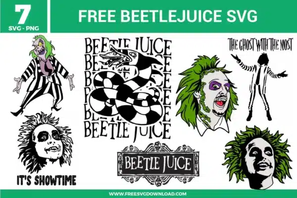 A collection of 7 Beetlejuice-themed designs featuring the "Ghost with the Most" in his iconic striped suit, green hair silhouettes, and the striped sandworm as free svg files. The bundle includes various character portraits with "It's Showtime" and "Beetlejuice" typography in a distinct supernatural, quirky art style perfect for Halloween fan crafts.