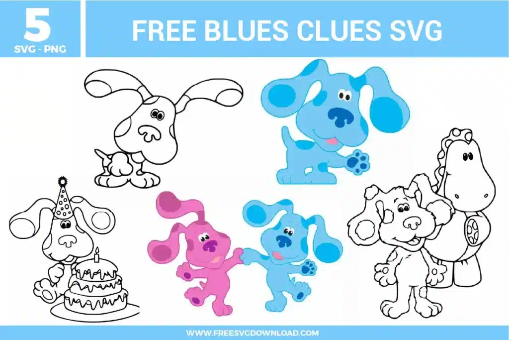 5 free svg files featuring Blue's Clues characters, including Blue waving, Magenta and Blue playing together, Blue with a birthday cake and party hat, and a detailed outline of Blue with her dinosaur friend for kids' vinyl crafts.