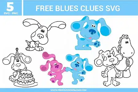 5 free svg files featuring Blue's Clues characters, including Blue waving, Magenta and Blue playing together, Blue with a birthday cake and party hat, and a detailed outline of Blue with her dinosaur friend for kids' vinyl crafts.