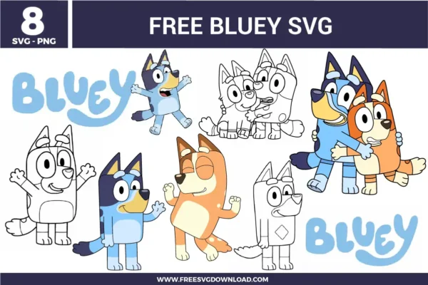 Collection of Bluey and Bingo character graphics including dancing poses and hugs, available as high-quality free svg files for Cricut, Silhouette, and kids' DIY birthday crafts.