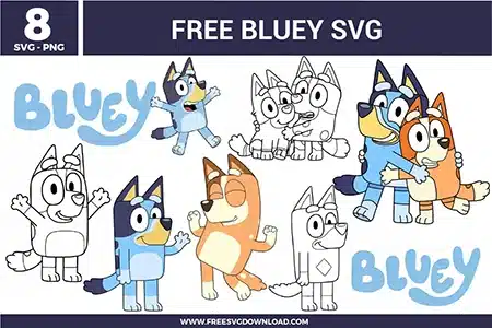 Collection of Bluey and Bingo character graphics including dancing poses and hugs, available as high-quality free svg files for Cricut, Silhouette, and kids' DIY birthday crafts.