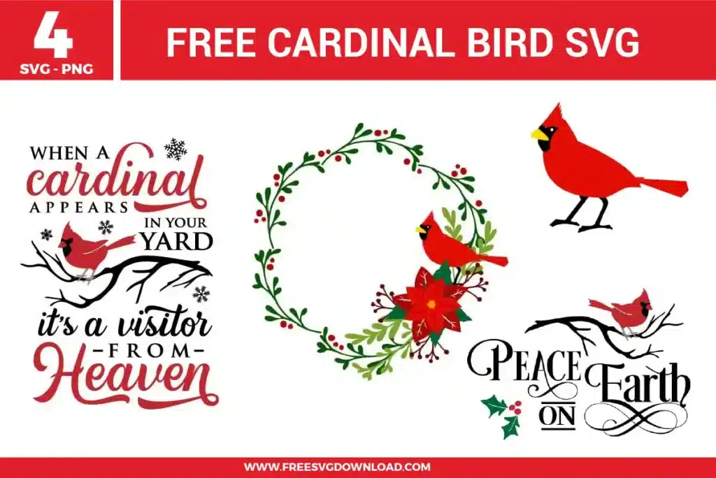 Red cardinal bird designs and memorial quotes from the Cardinal Bird SVG bundle, available as free svg files for winter crafts.