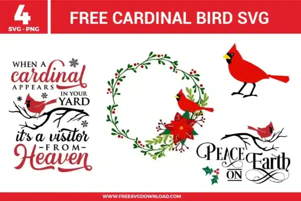 Red cardinal bird designs and memorial quotes from the Cardinal Bird SVG bundle, available as free svg files for winter crafts.