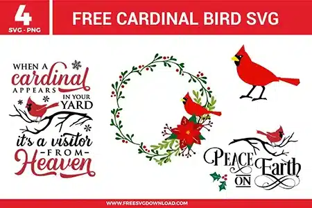 Red cardinal bird designs and memorial quotes from the Cardinal Bird SVG bundle, available as free svg files for winter crafts.