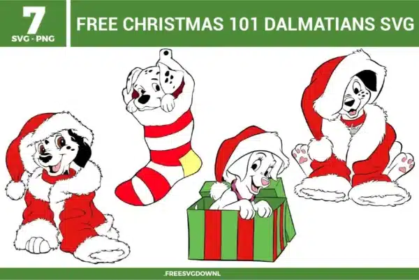 Free Christmas 101 Dalmatians SVG designs showing Dalmatian puppies wearing Santa outfits, inside stockings and gift boxes, with festive holiday details