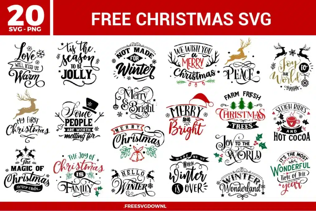 Collection of 12 festive Christmas free svg files displaying detailed laser-ready winter scenes inside circular bauble shapes. The intricate vector layouts showcase layered pine forests, mountain cabins, flying reindeer sleighs, Nativity silhouettes, and whimsical snowflakes cut into traditional hanging bulb patterns for holiday woodworking.