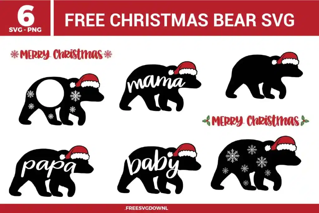 Collection of 6 free svg files featuring holiday themed Christmas bear silhouettes for winter family crafting. The black vector graphics include family bear designs wearing red and white fluffy Santa hats. The set features a monogram circle frame bear accented with white snowflakes, a "mama" bear script design, a solid bear silhouette, a "papa" bear design, a "baby" bear script design, and a bear covered fully in a white snowflake pattern, flanked by "MERRY CHRISTMAS" text variations.