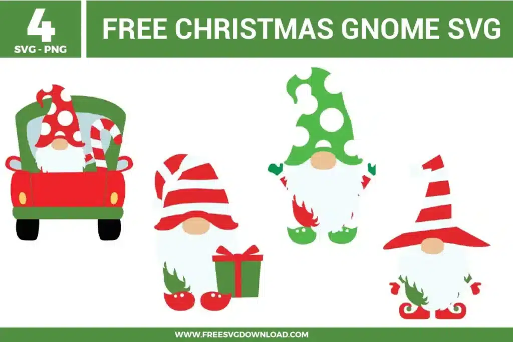 Four whimsical characters from the Christmas Gnome SVG bundle featuring festive gnomes in red, green, and white with polka dot and striped hats, including a gnome in a red truck, provided as free svg files.