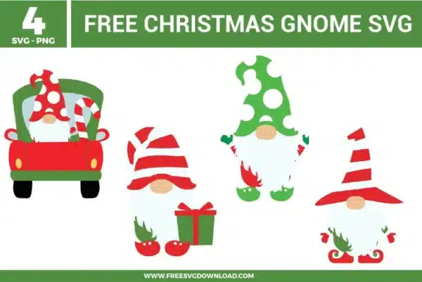 Four whimsical characters from the Christmas Gnome SVG bundle featuring festive gnomes in red, green, and white with polka dot and striped hats, including a gnome in a red truck, provided as free svg files.