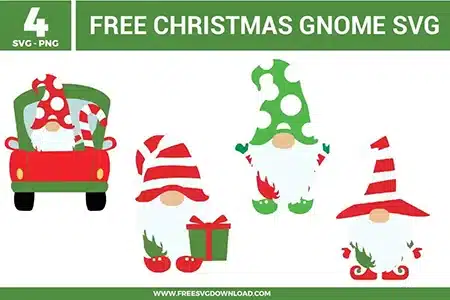 Four whimsical characters from the Christmas Gnome SVG bundle featuring festive gnomes in red, green, and white with polka dot and striped hats, including a gnome in a red truck, provided as free svg files.