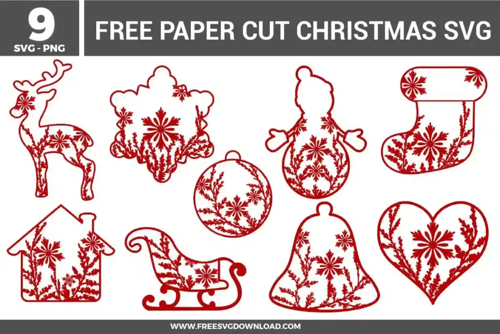 Nine intricate silhouettes from the Christmas Paper Cut SVG bundle, featuring floral lattice patterns for free svg files.