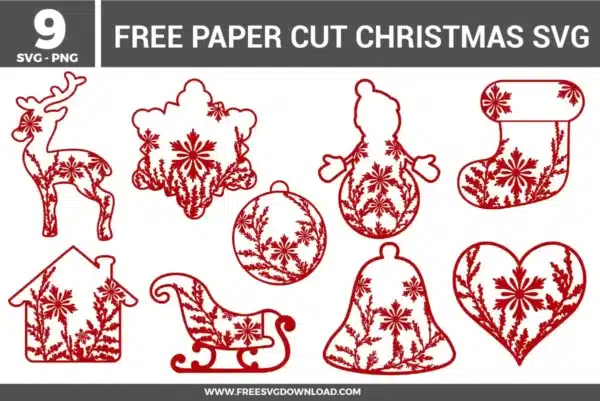 Nine intricate silhouettes from the Christmas Paper Cut SVG bundle, featuring floral lattice patterns for free svg files.