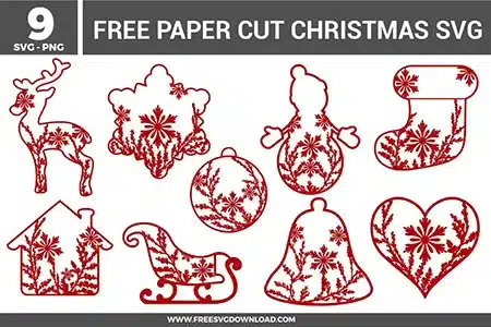 Nine intricate silhouettes from the Christmas Paper Cut SVG bundle, featuring floral lattice patterns for free svg files.