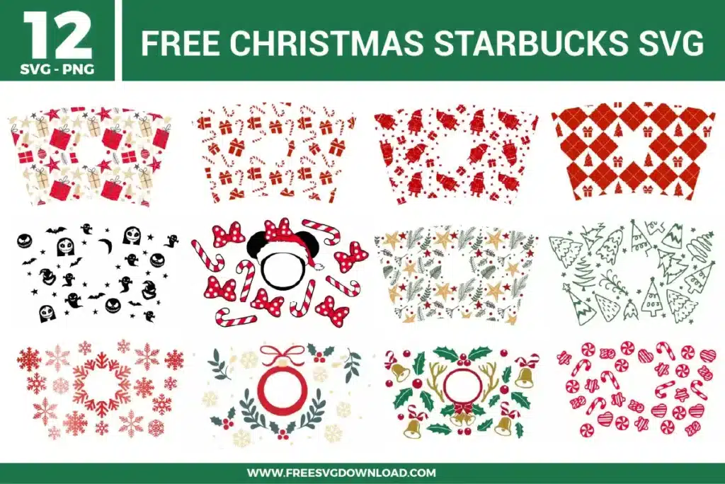 Christmas Starbucks SVG bundle preview showing twelve holiday cup wrap designs with Christmas gifts, candy canes, Santa patterns, trees, bows, snowflakes, ornaments, wreaths, holly, bells, and festive red green graphics for Cricut and Silhouette.