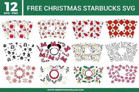 Christmas Starbucks SVG bundle preview showing twelve holiday cup wrap designs with Christmas gifts, candy canes, Santa patterns, trees, bows, snowflakes, ornaments, wreaths, holly, bells, and festive red green graphics for Cricut and Silhouette.