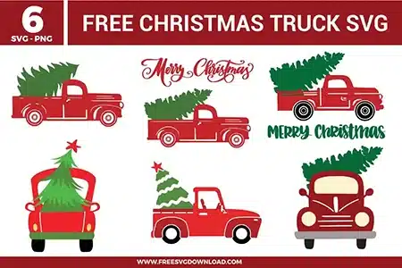 Vintage red pickup truck silhouettes from the Christmas Truck SVG bundle, provided as free svg files for farmhouse winter crafts.