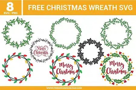 Eight festive holiday designs from the Christmas Wreath SVG bundle, provided as free svg files for winter crafting.