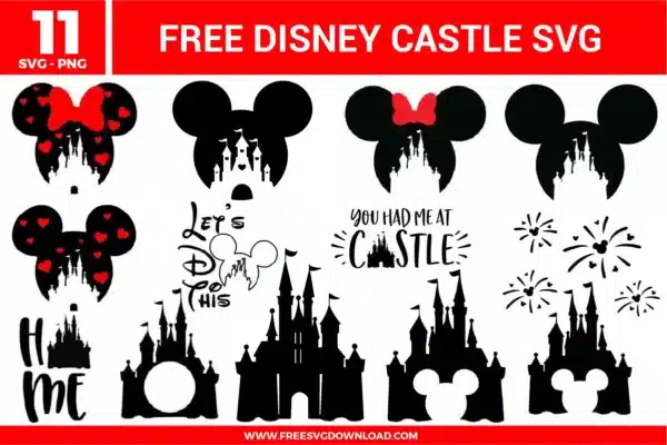 Free Disney castle SVG designs showing castle silhouettes with Mickey and Minnie inspired shapes, fireworks details, heart accents, and themed decorative elements