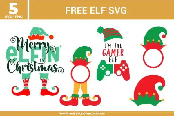 Diverse designs from the Elf SVG bundle including a gamer elf and monograms, available as free svg files for festive holiday crafts.