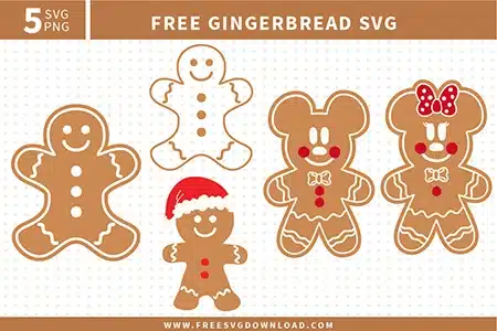 Gingerbread man, Micke mouse and Minnie Mouse characters from the Gingerbread SVG bundle, perfect for holiday baking crafts using free svg files.