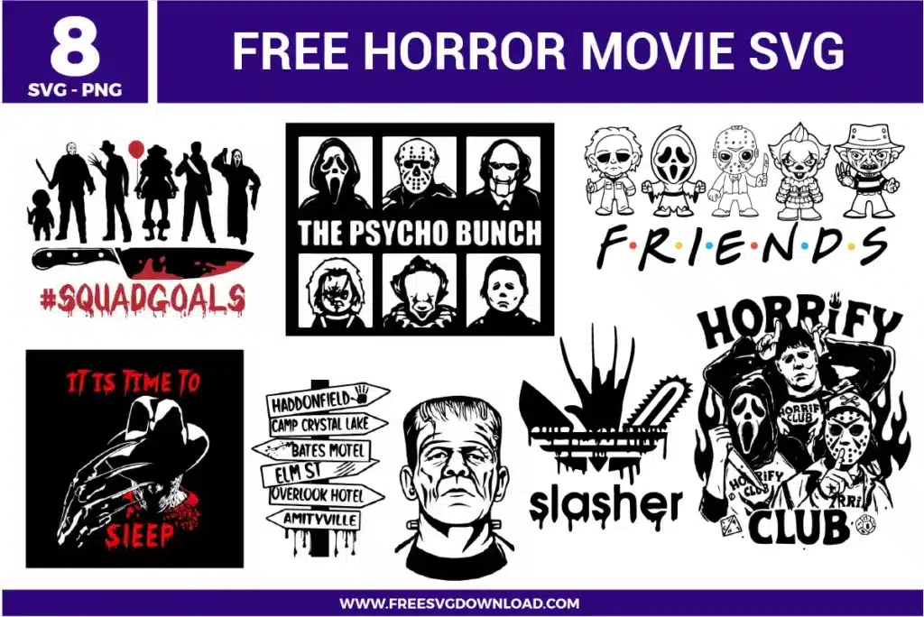 A collection of 8 horror movie character designs featuring slasher icons like Michael Myers, Jason Voorhees, Ghostface, and Freddy Krueger as free svg files. The bundle includes parodies like "The Psycho Bunch," "Friends" with chibi killers, a "Slasher" logo, and a signpost with famous horror locations in high-contrast black and white vector art.