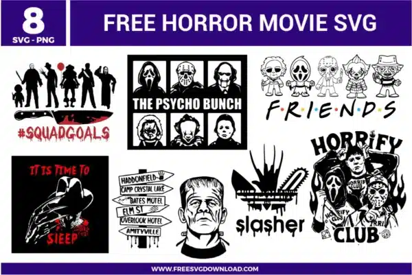 A collection of 8 horror movie character designs featuring slasher icons like Michael Myers, Jason Voorhees, Ghostface, and Freddy Krueger as free svg files. The bundle includes parodies like "The Psycho Bunch," "Friends" with chibi killers, a "Slasher" logo, and a signpost with famous horror locations in high-contrast black and white vector art.