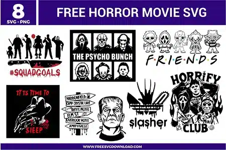 A collection of 8 horror movie character designs featuring slasher icons like Michael Myers, Jason Voorhees, Ghostface, and Freddy Krueger as free svg files. The bundle includes parodies like "The Psycho Bunch," "Friends" with chibi killers, a "Slasher" logo, and a signpost with famous horror locations in high-contrast black and white vector art.