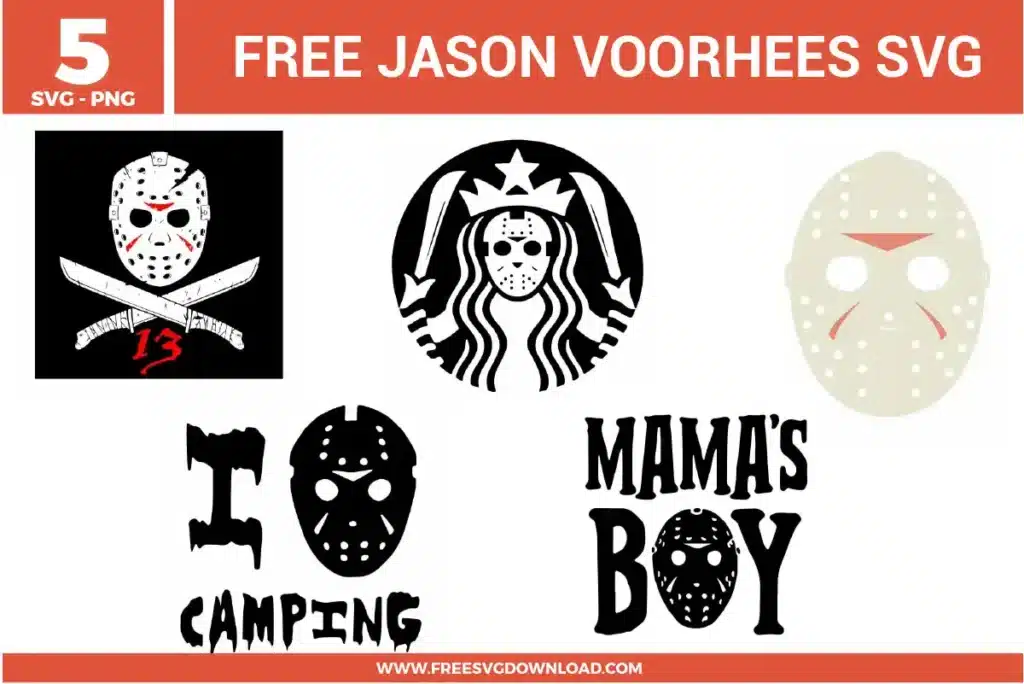 A collection of 5 Jason Voorhees-inspired designs featuring the iconic hockey mask in various styles, including a pirate-themed crossbones version, a coffee-brand mermaid parody, and typography designs like "I Heart Camping" and "Mama's Boy" as free svg files. These black, white, and red vector graphics capture the Friday the 13th aesthetic for horror-themed Halloween apparel and vinyl projects.