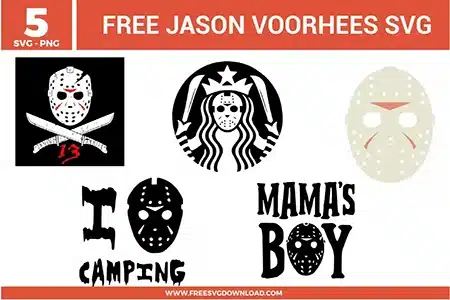 A collection of 5 Jason Voorhees-inspired designs featuring the iconic hockey mask in various styles, including a pirate-themed crossbones version, a coffee-brand mermaid parody, and typography designs like "I Heart Camping" and "Mama's Boy" as free svg files. These black, white, and red vector graphics capture the Friday the 13th aesthetic for horror-themed Halloween apparel and vinyl projects.