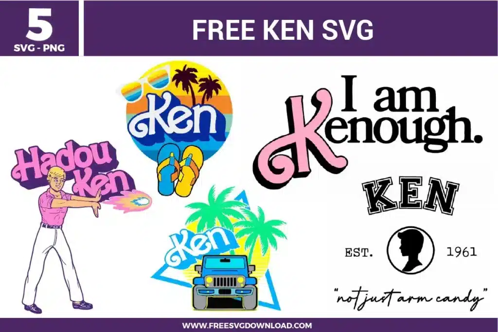 Ken SVG bundle featuring Ken inspired typography quotes, beach themed graphics, palm trees, jeep illustration, and retro style Ken designs for crafting and cutting projects.