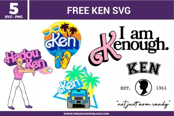 Ken SVG bundle featuring Ken inspired typography quotes, beach themed graphics, palm trees, jeep illustration, and retro style Ken designs for crafting and cutting projects.